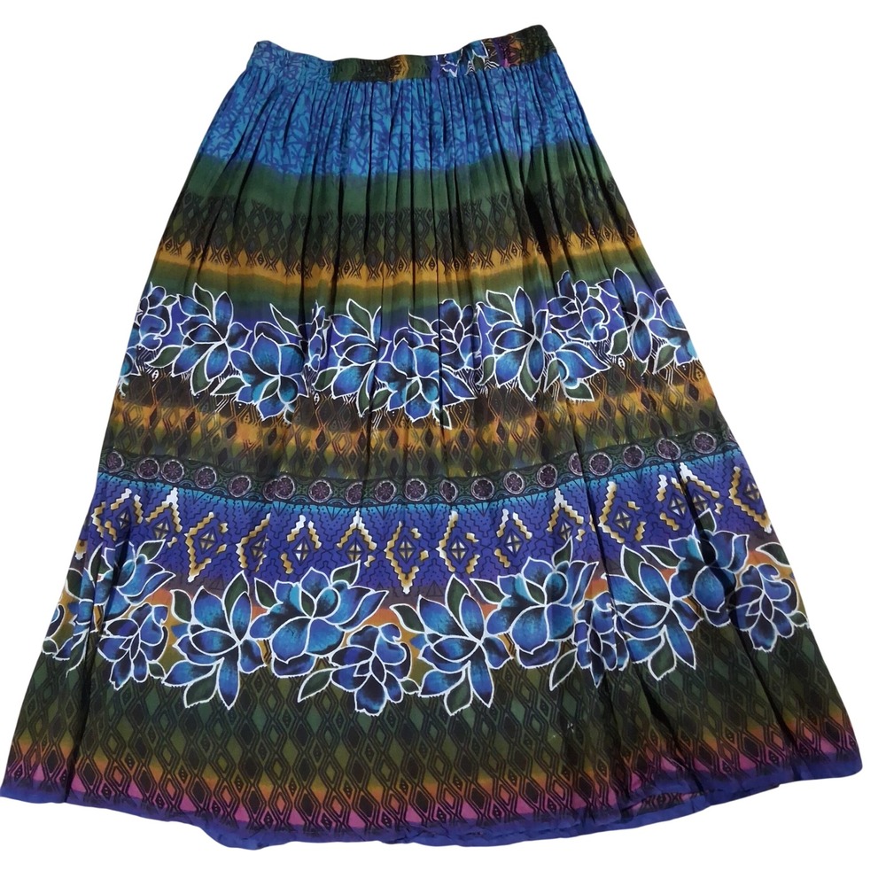 Chaudry KC Boho Chic Broomstick Midi Skirt XL Blue Green Floral Lined Gypsy